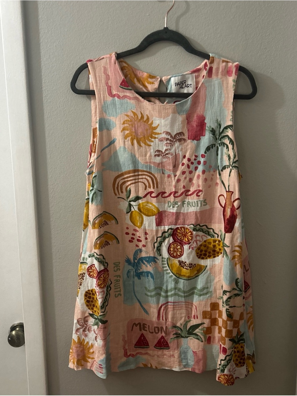 Paper Heart Linen Blend Mini Dress XL Pink Tropical Fruit Beachy Coastal Resort